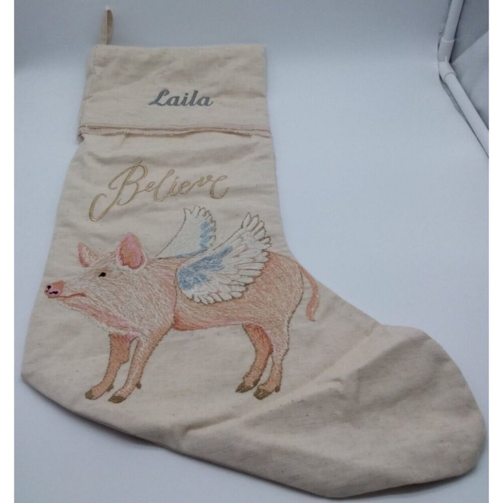 Pottery Barn Laila Flying Pig Believe Embroidery Christmas Stocking Xmas